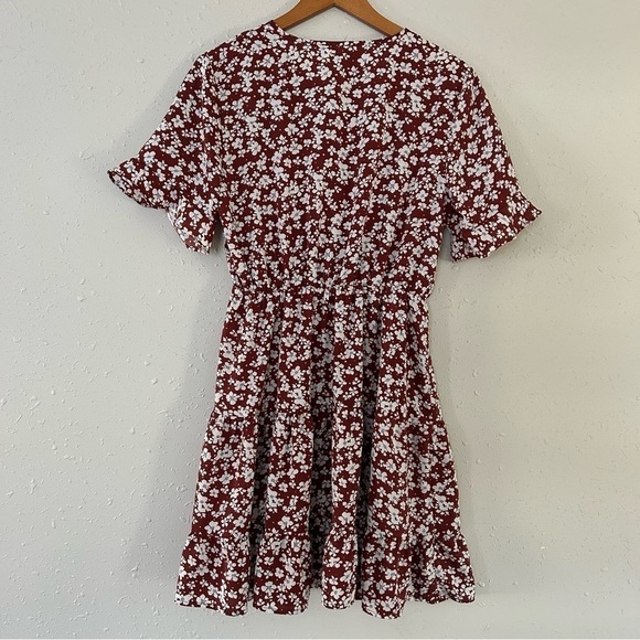 🦋 Kirundo Brown Blue Floral Short Sleeve Mini Dress Medium - Picture 5 of 7